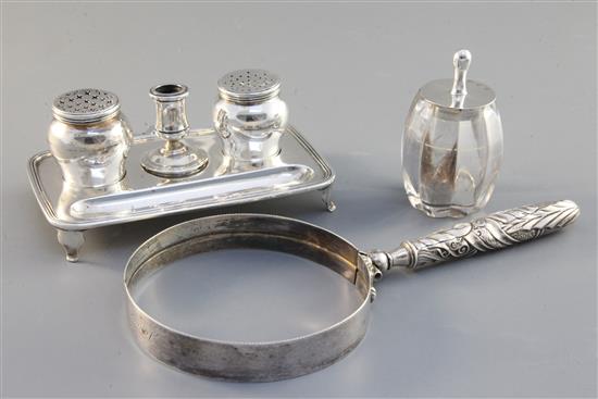 A late Victorian silver inkstand, Lambert & Co, London, 1897, inkstand 8.6 oz.